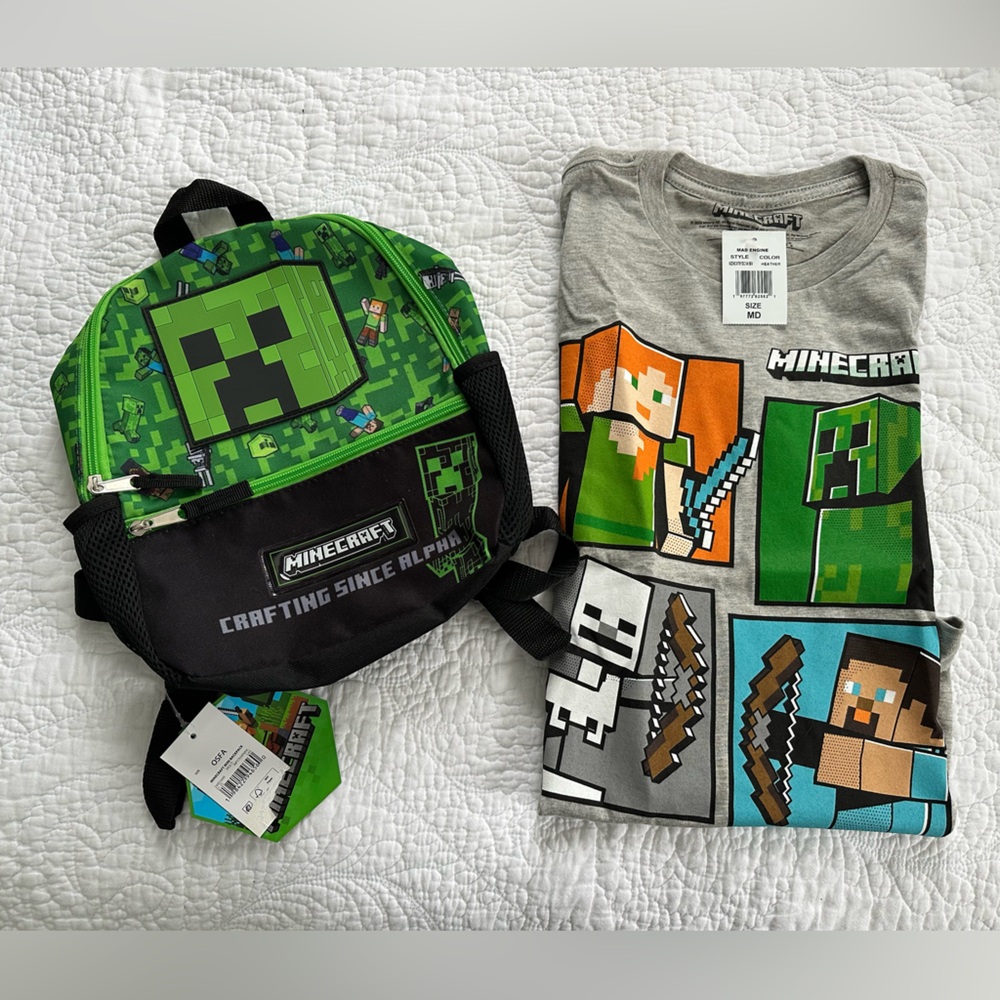 Minecraft Green and Black Kids Backpack & T-Shirt Bundle